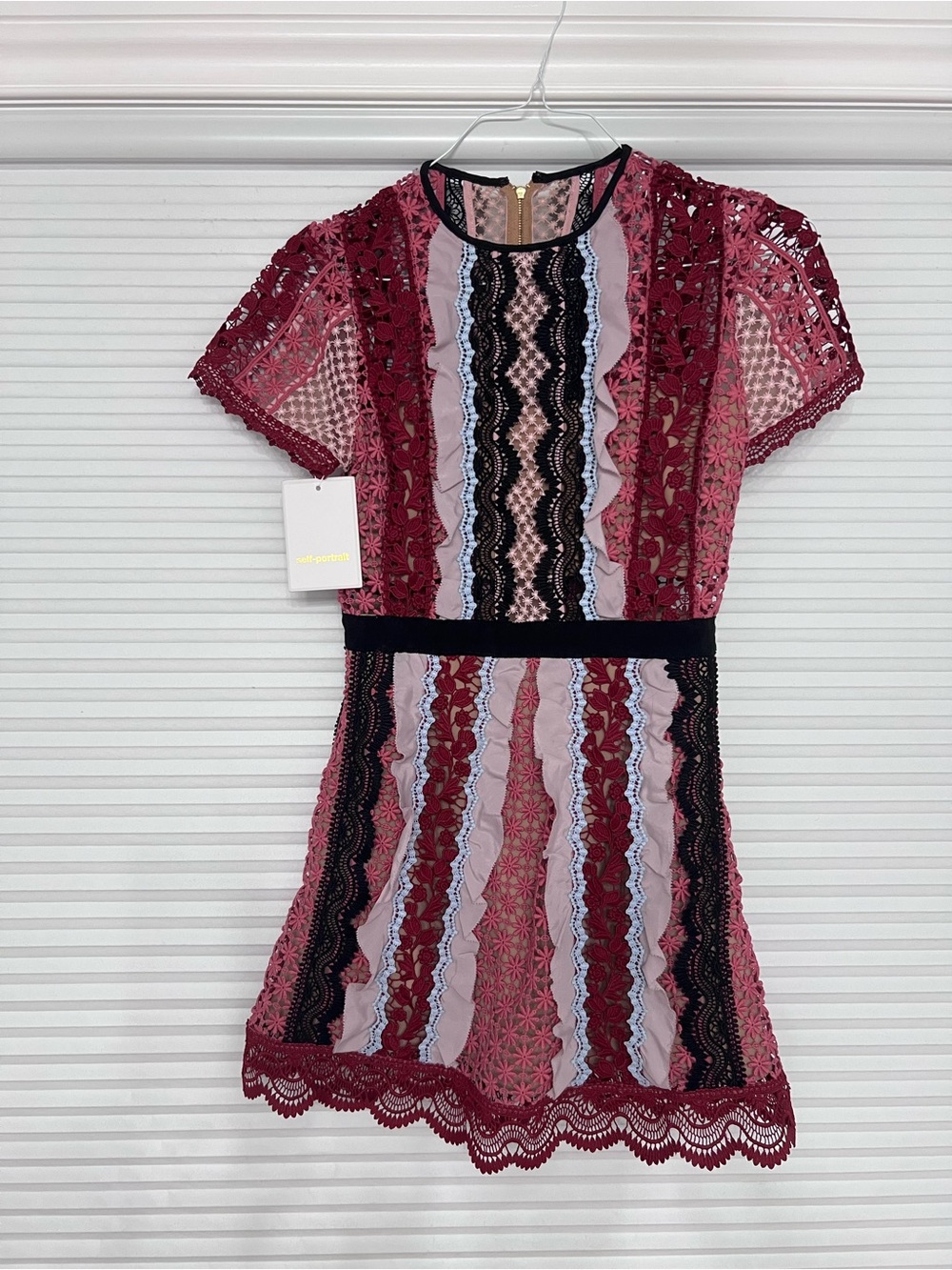 Self-Portrait Burgundy and Black Lace-Panel Mini Dress